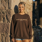 Faithful Citizens Apparel Co Women's Sweatshirt Live Unshaken Western illustration and lettering "Bold and Brave" Joshua 1:9 Dark Chocolate
