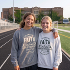 Faithful Citizens Apparel Co Women's Sweatshirt with a mountain graphic and “Faith moves mountains” lettering Matthew 17:20 Graphite Heather/ash