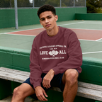 Faithful Citizens Apparel Co Men's Sweatshirt with a pickleball graphic and “Love All” lettering 1 Corinthians 16:14 Garnet