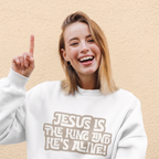 Faithful Citizens Apparel Co Women's Sweatshirt Jesus is the King and He's alive lettering Revelation 1:18 White