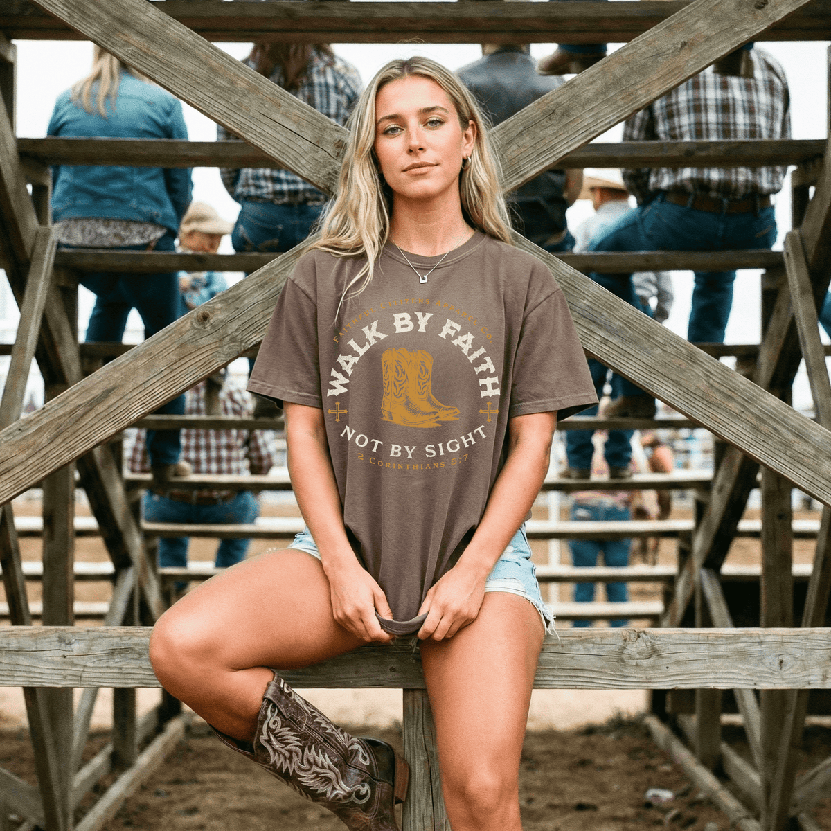 Faithful Citizens Apparel Co Women's T-shirt Walk by Faith not by sight lettering Western Boots Illustration 2 Corinthians 5:7 Espresso