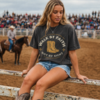 Faithful Citizens Apparel Co Women's T-shirt Walk by Faith not by sight lettering Western Boots Illustration 2 Corinthians 5:7 Pepper