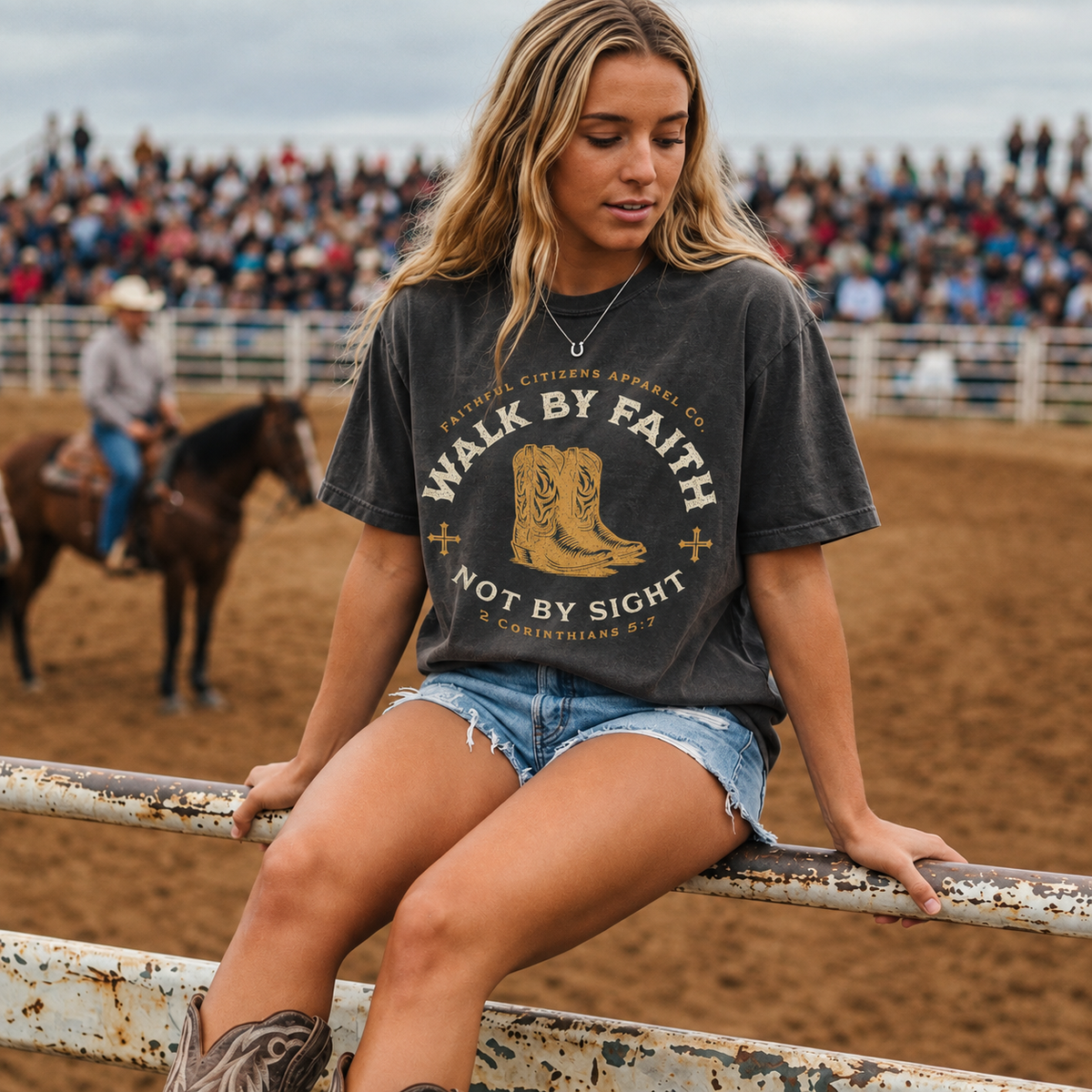Faithful Citizens Apparel Co Women's T-shirt Walk by Faith not by sight lettering Western Boots Illustration 2 Corinthians 5:7 Pepper