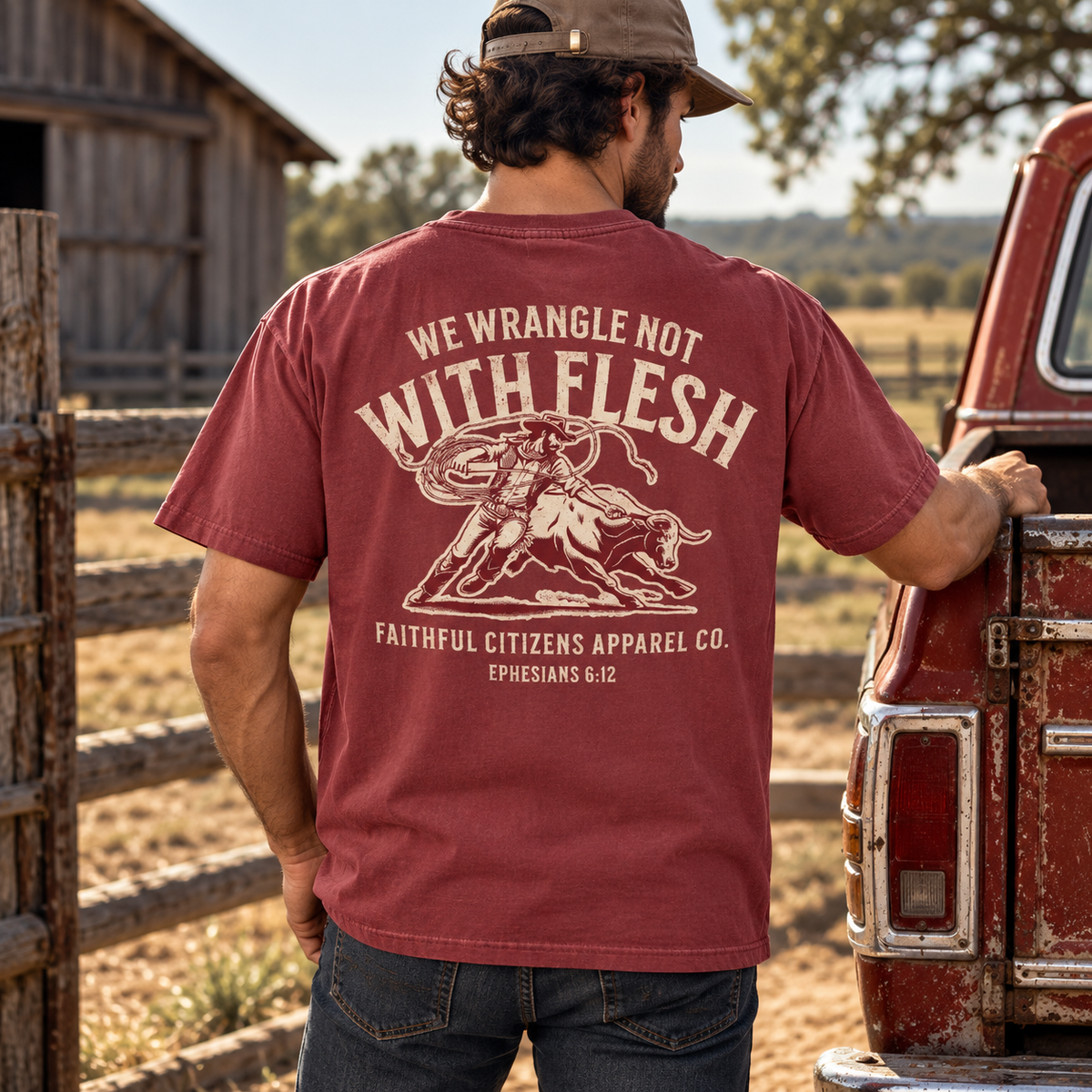 Faithful Citizens Apparel Co Men's T-shirt We wrangle not with Flesh Ephesians 6:12 Chili