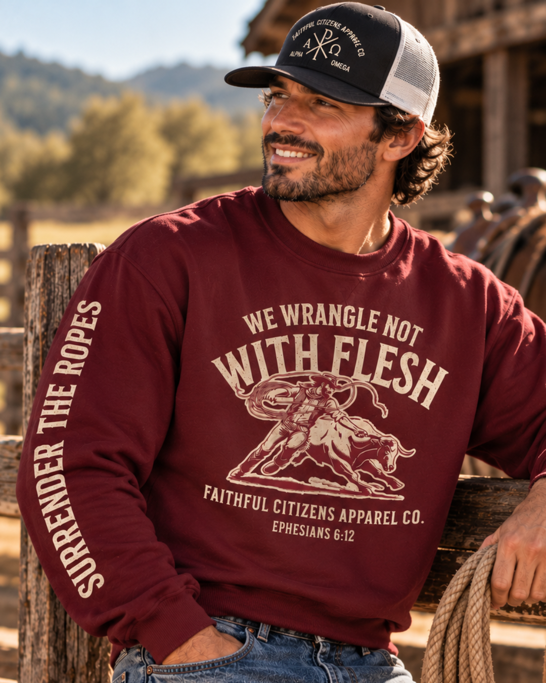 Faithful Citizens Apparel Men's Sweatshirt We wrangle not with flesh Bull illustration and sleeve text red