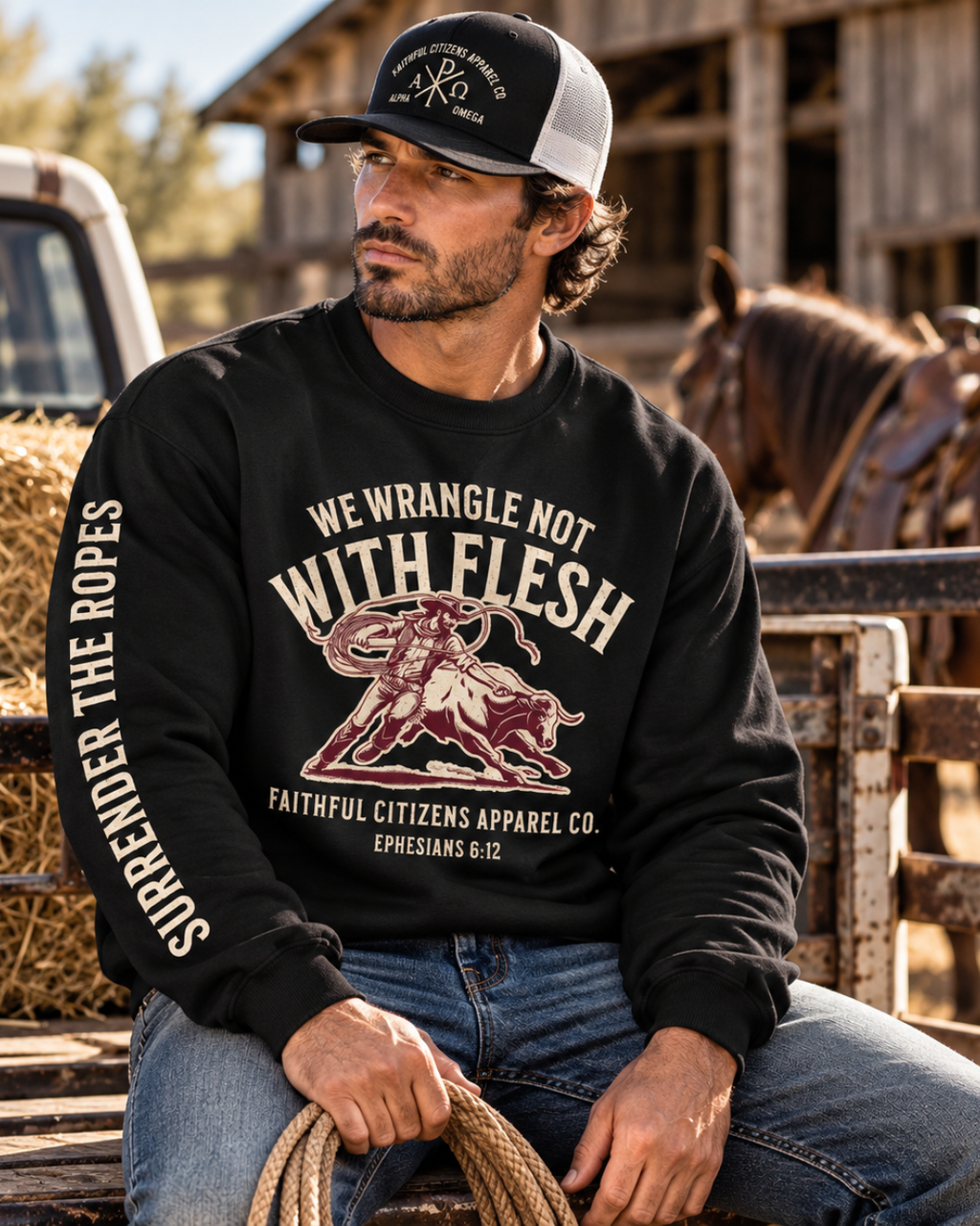 Faithful Citizens Apparel Men's Sweatshirt We wrangle not with flesh Bull illustration and sleeve text black