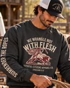 Faithful Citizens Apparel Men's Sweatshirt We wrangle not with flesh Bull illustration and sleeve text grey