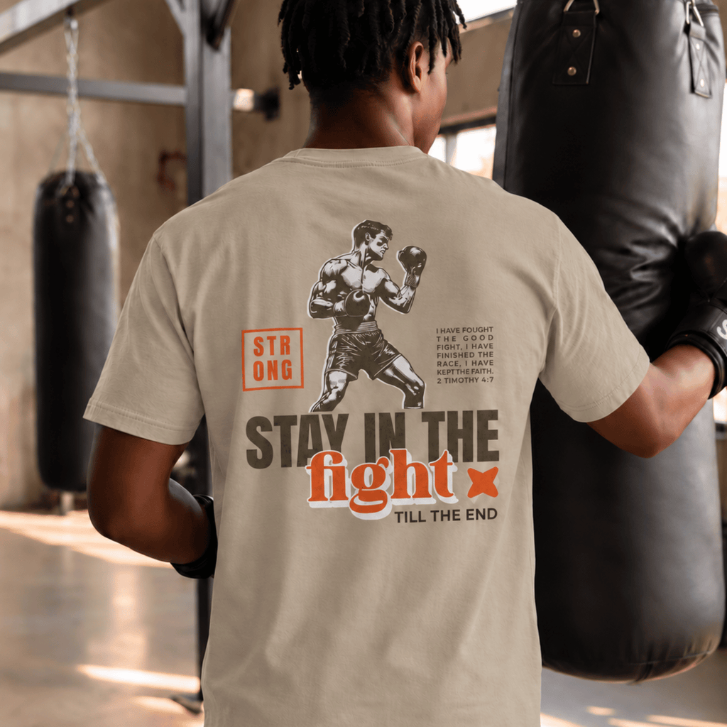 Faithful Citizens Apparel Co Men's T-shirt Stay in the Fight 2 Timothy 4:7 Boxer Illustration Faded Khaki