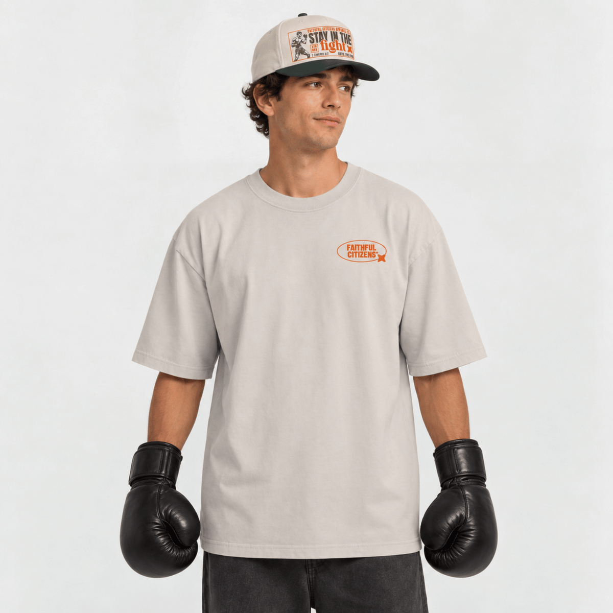 Faithful Citizens Apparel Co Men's T-shirt Stay in the Fight 2 Timothy 4:7 Boxer Illustration Ecru
