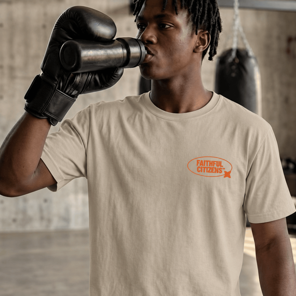 Faithful Citizens Apparel Co Men's T-shirt Stay in the Fight 2 Timothy 4:7 Boxer Illustration Faded Khaki