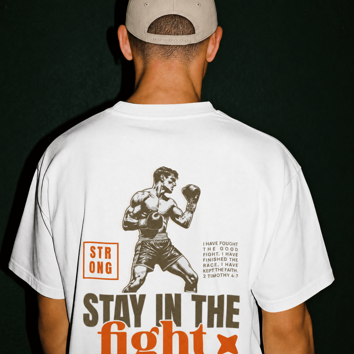 Faithful Citizens Apparel Co Men's T-shirt Stay in the Fight 2 Timothy 4:7 Boxer Illustration White