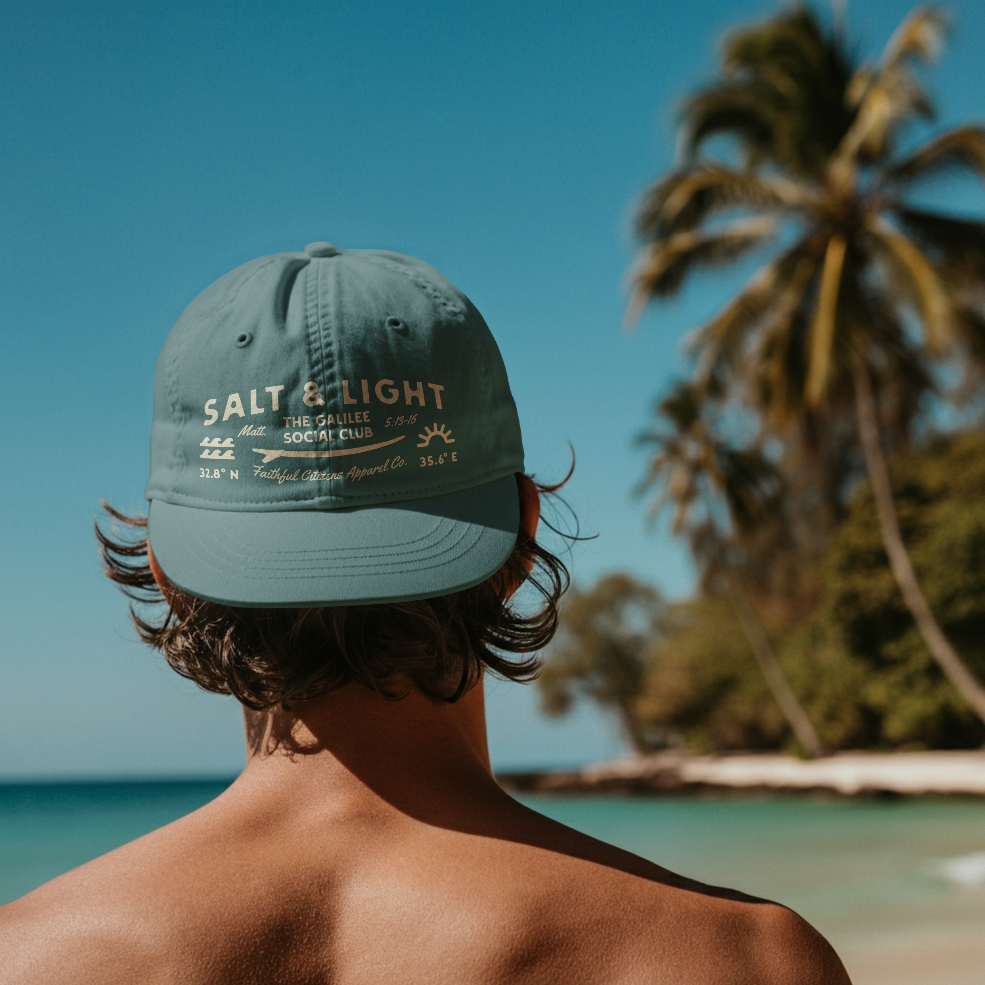 Faithful Citizens Apparel Co Unisex Classic Cotton Cap alt and Light Matthew 5:13-16 Wave and sun illustration Spruce