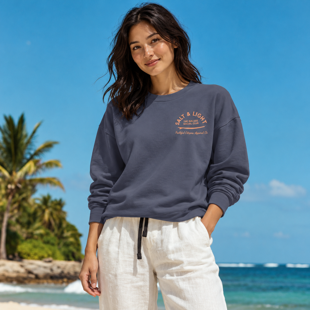 Faithful Citizens Apparel Salt and Light of the world Wave and sun illustration Women's sweatshirt navy