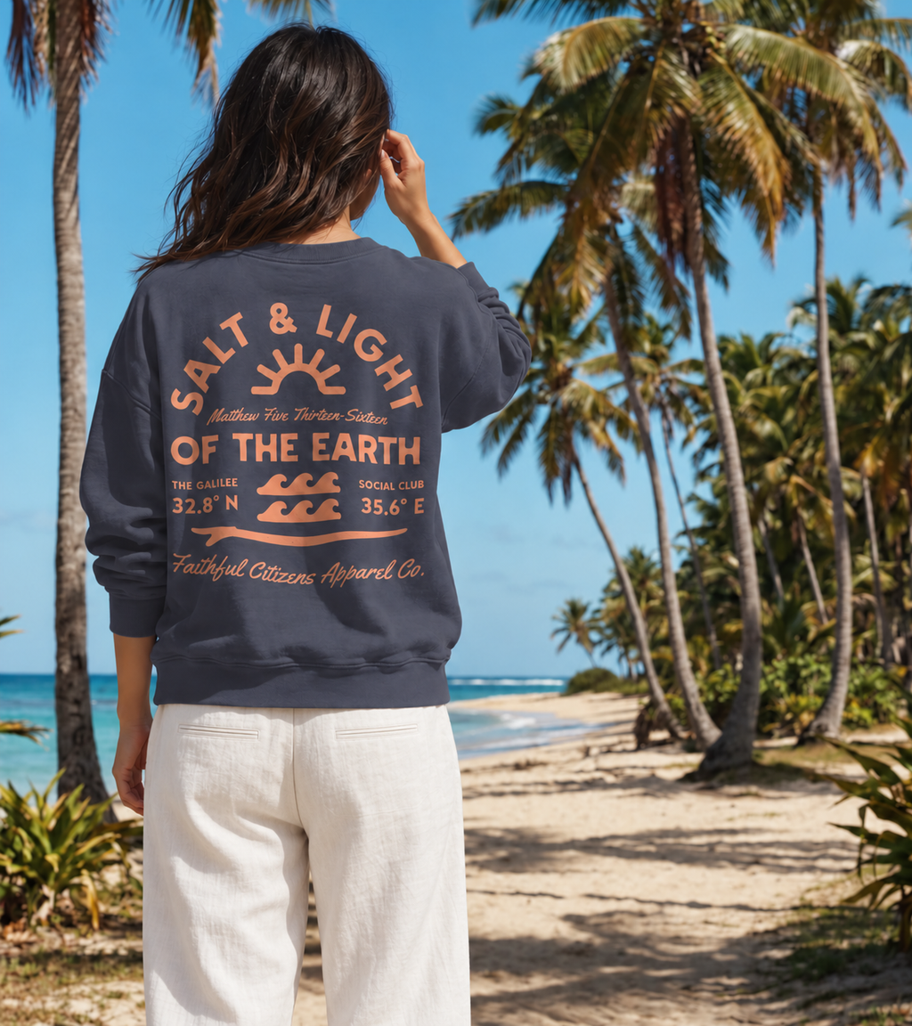 Faithful Citizens Apparel Salt and Light of the world Wave and sun illustration Women's sweatshirt navy