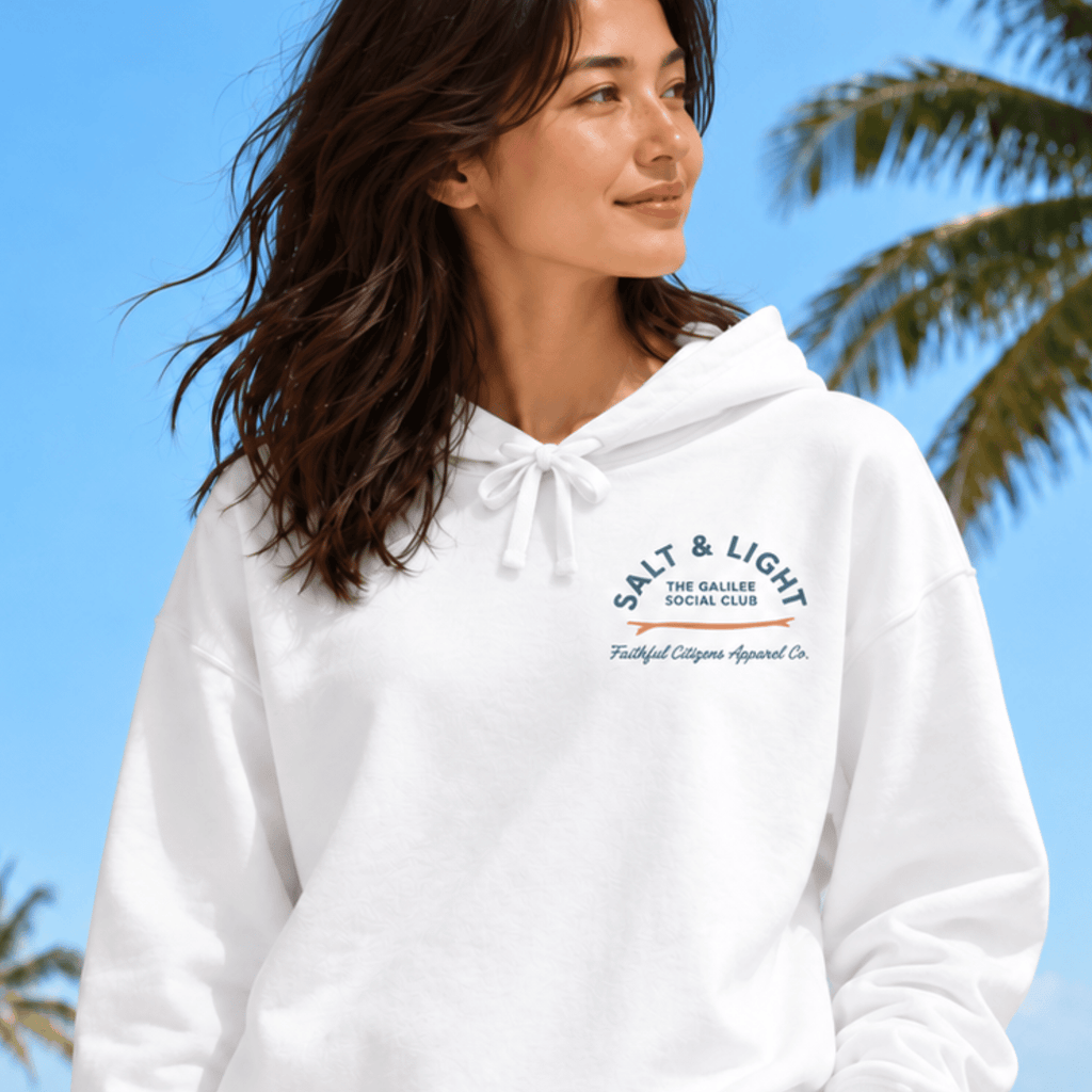 Faithful Citizens Apparel Women's Hoodie Salt and Light of the earth Wave illustration white