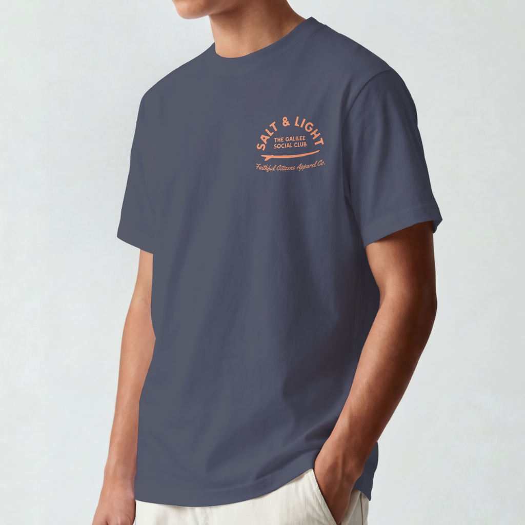 Faithful Citizens Apparel Men's T-shirt Salt and Light of the earth lettering Sun and wave Illustration navy