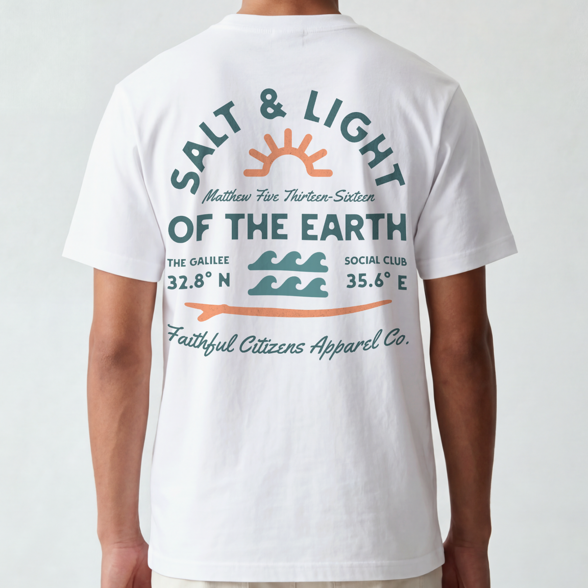 Faithful Citizens Apparel Men's T-shirt Salt and Light of the earth lettering Sun and wave Illustration white