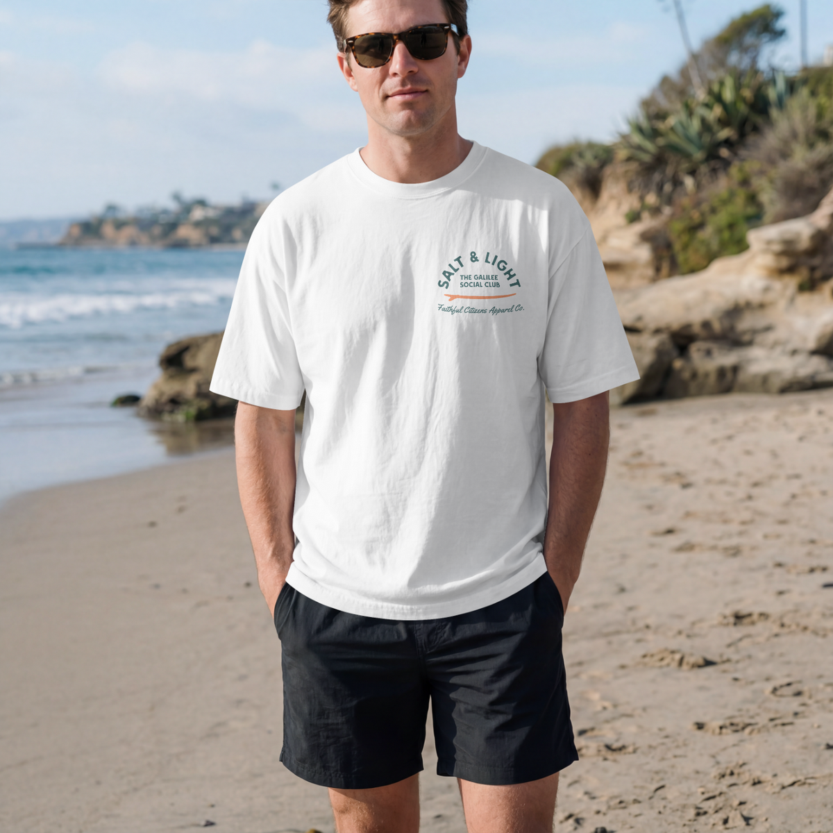 Faithful Citizens Apparel Men's T-shirt Salt and Light of the earth lettering Sun and wave Illustration white