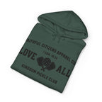 Faithful Citizens Apparel Co Men's Hoodie “Love All” lettering and Pickleball illustration 1 Corinthians 16:14 Alpine green