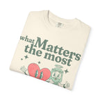 Faithful Citizens Apparel Co Women's T-shirt What matters the most Love and Jesus lettering Jesus and heart illustration John 13:34-35 Ivory