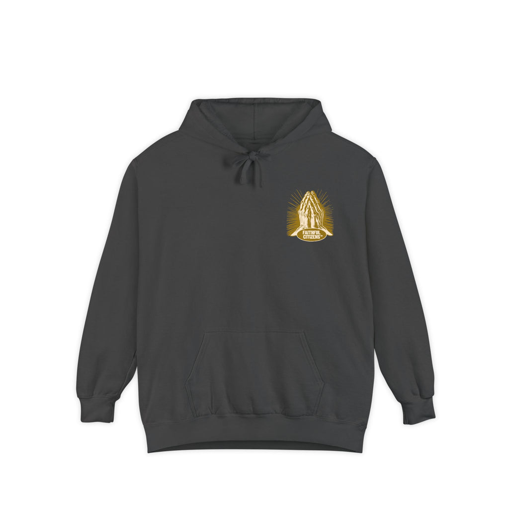 Faithful Citizens Apparel Co Men's Hoodie Worship the one true god lettering Praying hands illustration Deuteronomy 4:35 Pepper