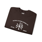 Faithful Citizens Apparel Co Men's Sweatshirt featuring an embroidered Alpha and Omega symbol Revelation 22:13 Dark Chocolate