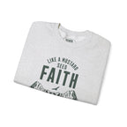 Faithful Citizens Apparel Co Women's Sweatshirt with a mountain graphic and “Faith moves mountains” lettering Matthew 17:20 Ash