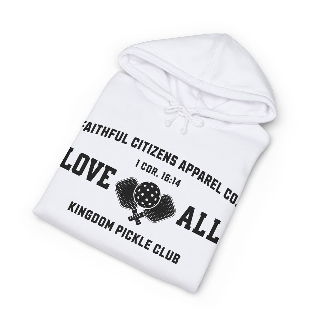Faithful Citizens Apparel Co Men's Hoodie “Love All” lettering and Pickleball illustration 1 Corinthians 16:14 White