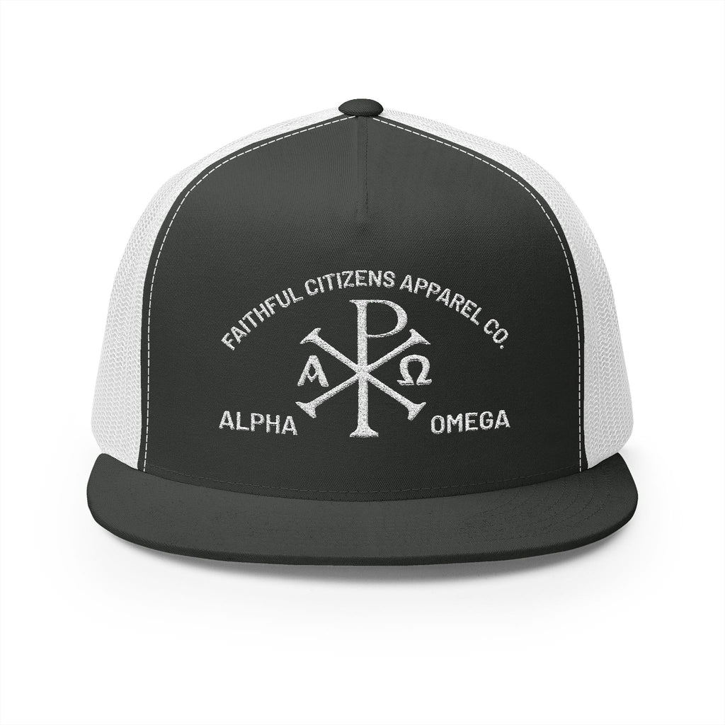 Faithful Citizens Apparel Co Unisex Cotton Trucker Hat Alpha and Omega Chi Rho Symbol Revelation 22:13 Charcoal/White