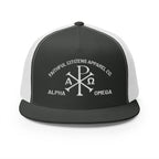 Faithful Citizens Apparel Co Unisex Cotton Trucker Hat Alpha and Omega Chi Rho Symbol Revelation 22:13 Charcoal/White