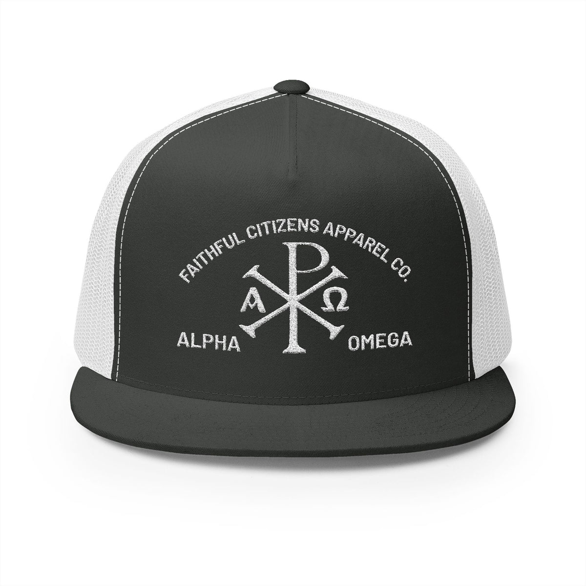 Faithful Citizens Apparel Co Unisex Cotton Trucker Hat Alpha and Omega Chi Rho Symbol Revelation 22:13 Charcoal/White