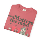 Faithful Citizens Apparel Co Women's T-shirt What matters the most Love and Jesus lettering Jesus and heart illustration John 13:34-35 Watermelon
