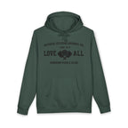 Faithful Citizens Apparel Co Woman's Hoodie with a pickleball graphic and “Love All” lettering 1 Corinthians 16:14 Alpine Green