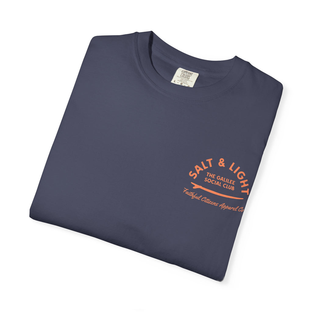 Faithful Citizens Apparel Men's T-shirt Salt and Light of the earth lettering Sun and wave Illustration navy