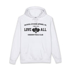 Faithful Citizens Apparel Co Woman's Hoodie with a pickleball graphic and “Love All” lettering 1 Corinthians 16:14 White