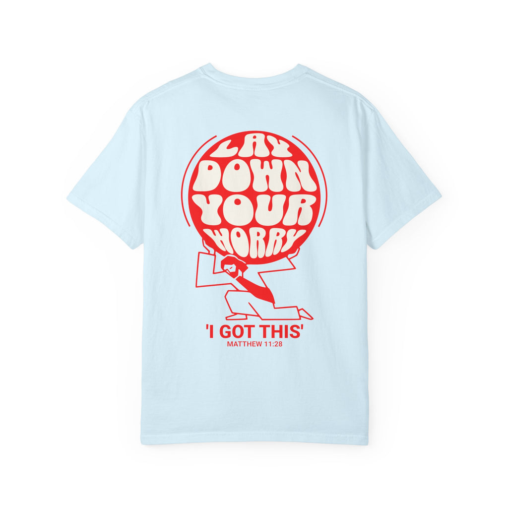 Faithful Citizens Apparel Co Men's T-shirt Lay Down Your Worry I got this Planet Illustration Matthew 11:28 Chambray