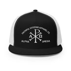 Faithful Citizens Apparel Co Unisex Cotton Trucker Hat Alpha and Omega Chi Rho Symbol Revelation 22:13 Black/White