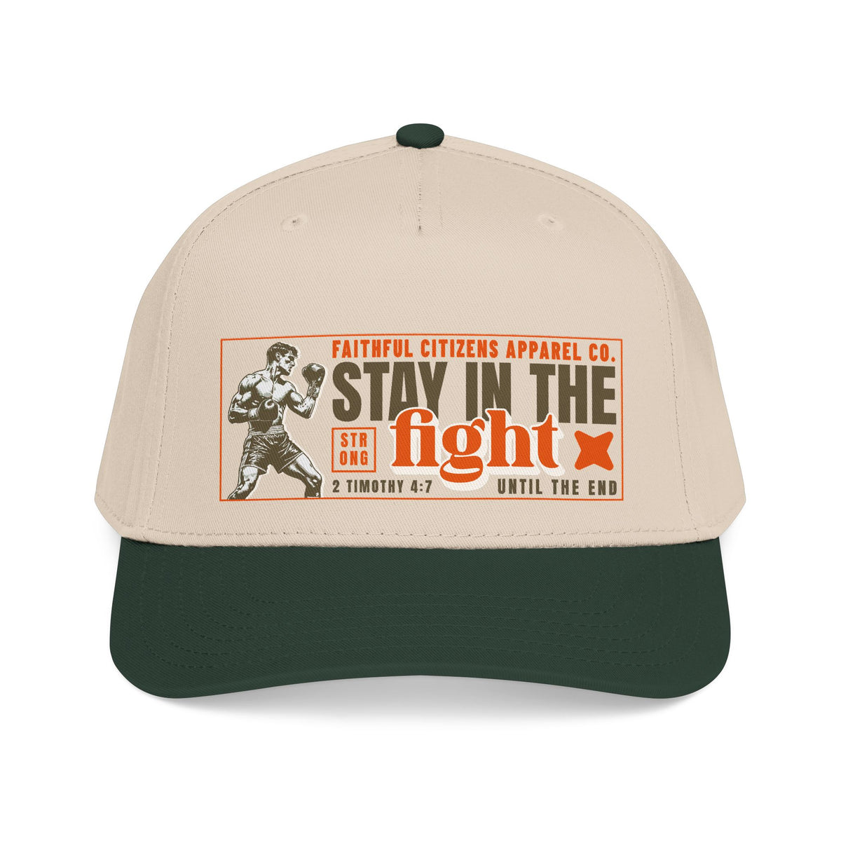 Faithful Citizens Apparel Co Unisex Hat Vintage Baseball Cap Stay in the fight 2 Timothy 4:7 Natural/Dark Green
