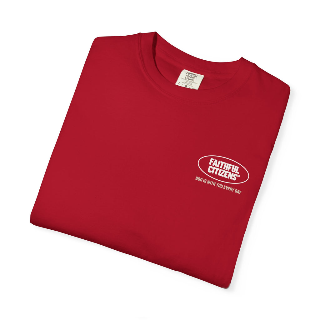 Faithful Citizens Apparel Co Women's T-shirt Do Not Fear God is with you everyday Varsity style illustration Isaiah 41:10 Red