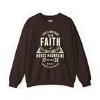 Faithful Citizens Apparel Co Women's Sweatshirt with a mountain graphic and “Faith moves mountains” lettering Matthew 17:20 Dark Chocolate