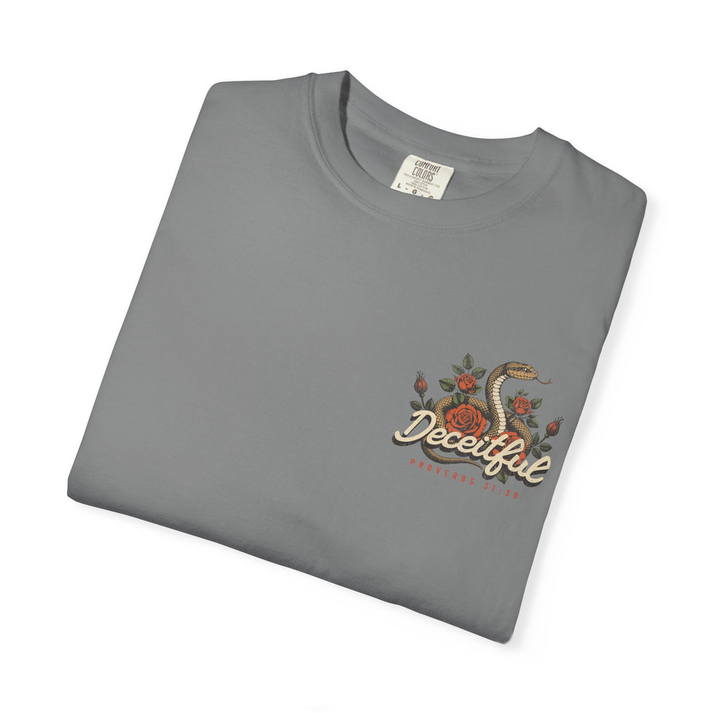 Faithful Citizens Apparel Co Men's T-shirt Beyond the Bloom snake and flower design Proverbs 31:30 Grey