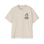 Faithful Citizens Apparel Co Men's T-shirt featuring orange and white "Fire Within Spirit” lettering Jeremiah 20:9 Ecru