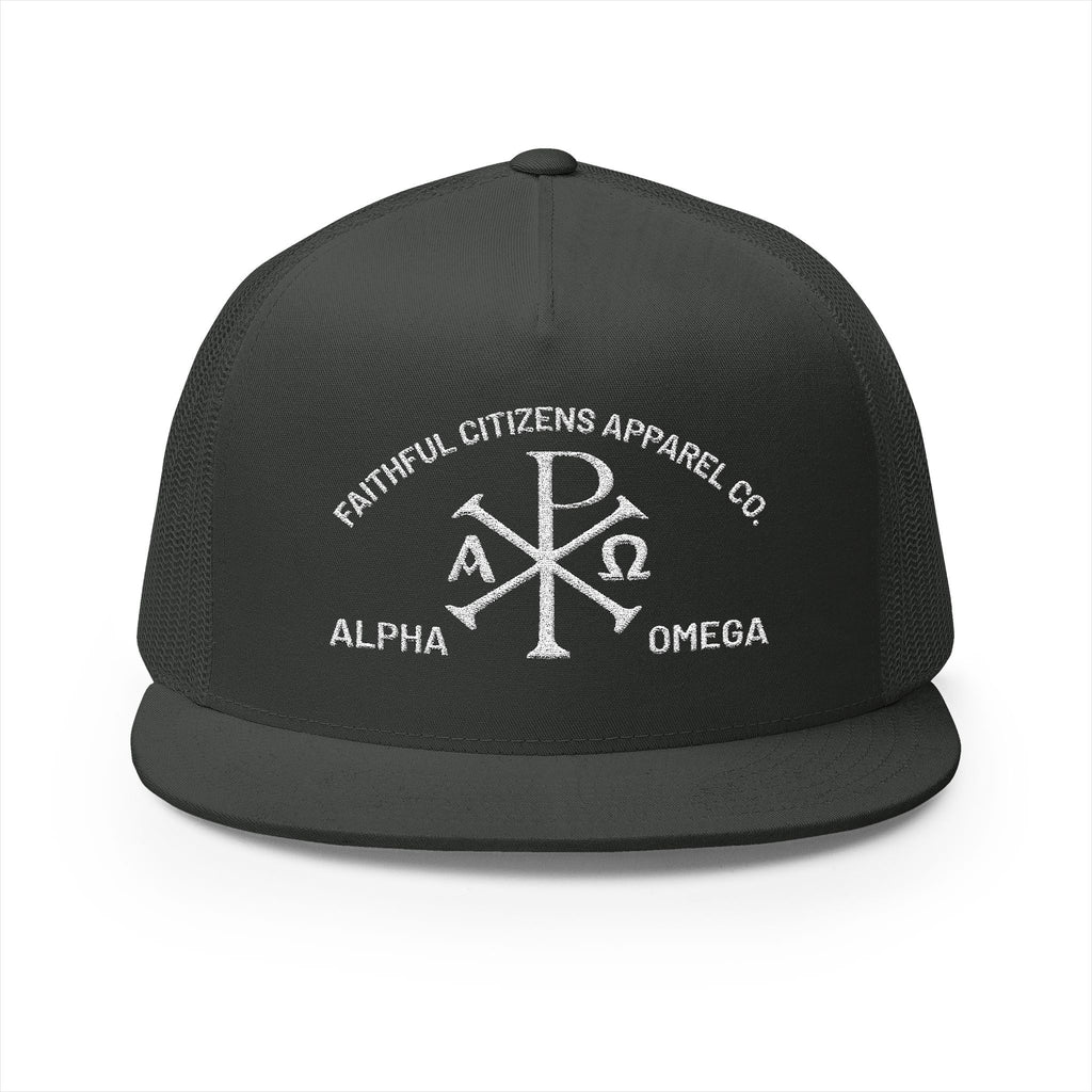 Faithful Citizens Apparel Co Unisex Cotton Trucker Hat Alpha and Omega Chi Rho Symbol Revelation 22:13 Charcoal