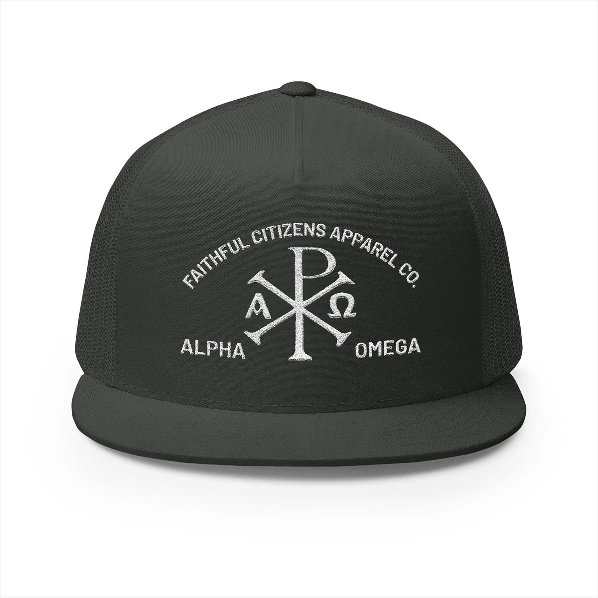 Faithful Citizens Apparel Co Unisex Cotton Trucker Hat Alpha and Omega Chi Rho Symbol Revelation 22:13 Charcoal