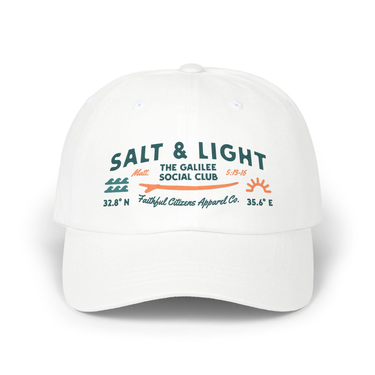 Faithful Citizens Apparel Co Unisex Classic Cotton Cap alt and Light Matthew 5:13-16 Wave and sun illustration White