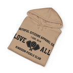 Faithful Citizens Apparel Co Woman's Hoodie with a pickleball graphic and “Love All” lettering 1 Corinthians 16:14 Sandstone