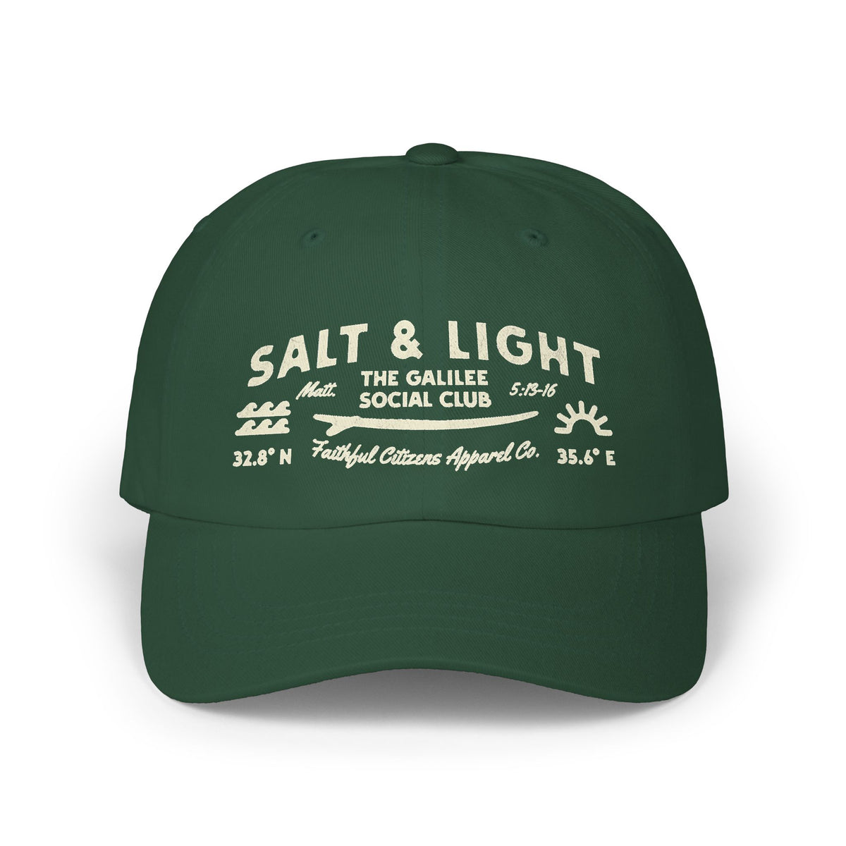Faithful Citizens Apparel Co Unisex Classic Cotton Cap alt and Light Matthew 5:13-16 Wave and sun illustration Spruce