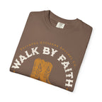 Faithful Citizens Apparel Co Women's T-shirt Walk by Faith not by sight lettering Western Boots Illustration 2 Corinthians 5:7 Espresso