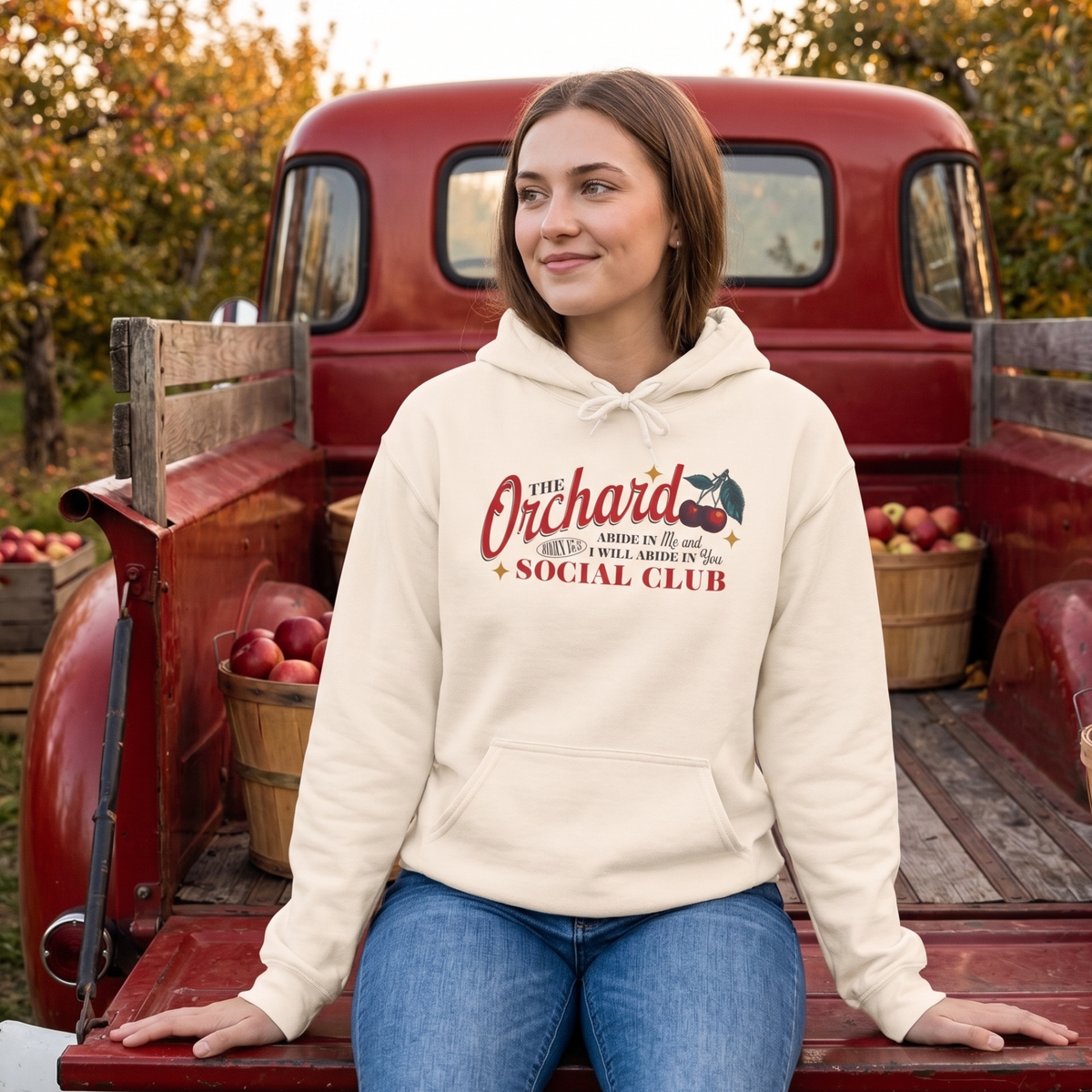 Faithful Citizens Apparel Co Woman's Hoodie The Orchard Social Club Cherry Illustration John 15:5 Ivory