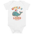 Faithful Citizens Apparel Co Kids Organic cotton Baby Onesie "Whaley Loved" Whale illustration Jonah 2:9 White